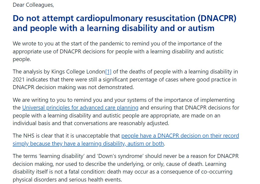 @NHSEngland writes to hospitals to remind them again over do not resuscitate procedures for those with learning disabilities & autism I wonder what has prompted this? Are we still seeing examples of 'LD' and 'downs syndrome' being used on DNACPR since the last warning in 2021?