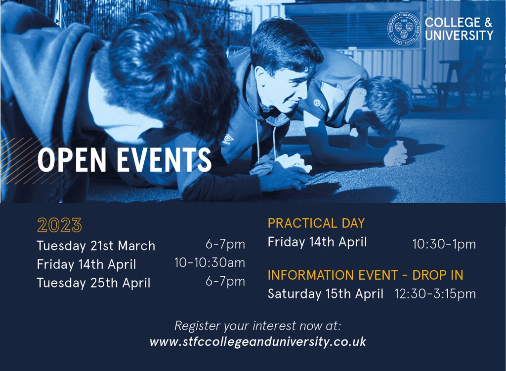 Interested in a career in PE, sports coaching or business? Shrewsbury Town Football College and University have some upcoming open days and information evenings. Click the link to find out more and book your place on one of the events stfccollegeanduniversity.co.uk  #post16options