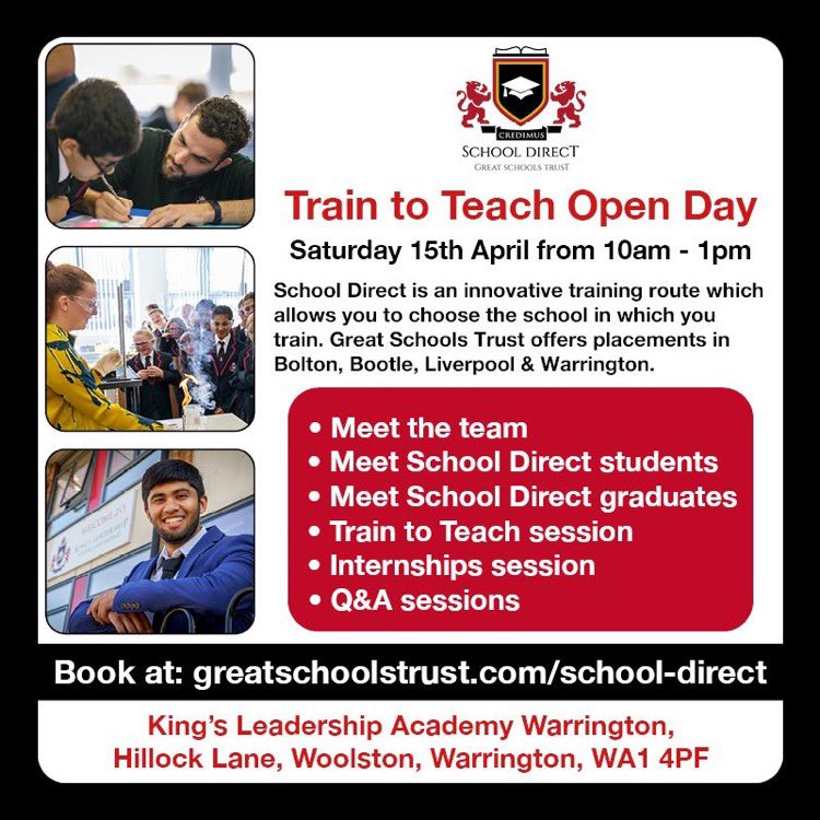 Are you interested in teaching?

Why not join us on Saturday 15th April from 10am for our School Direct Open Day at King's Leadership Academy Warrington.

Find out about our Train to Teach and internship opportunities.

To book your place visit: lnkd.in/e4DVHXpG
