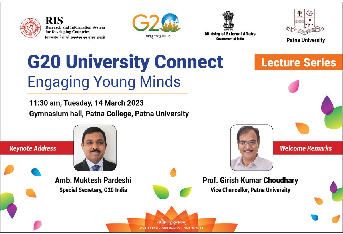 Amb. Shri Muktesh Pardeshi will deliver a special lecture on 14th March at the Patna college built in 1863 with distinguished alumni’s like Jayprakash Narayan (JP). @g20org @G20_Bharat @RIS_NewDelhi @MEAIndia @patnauniversity @MukteshPardeshi @Sachin_Chat #G20universityconnect