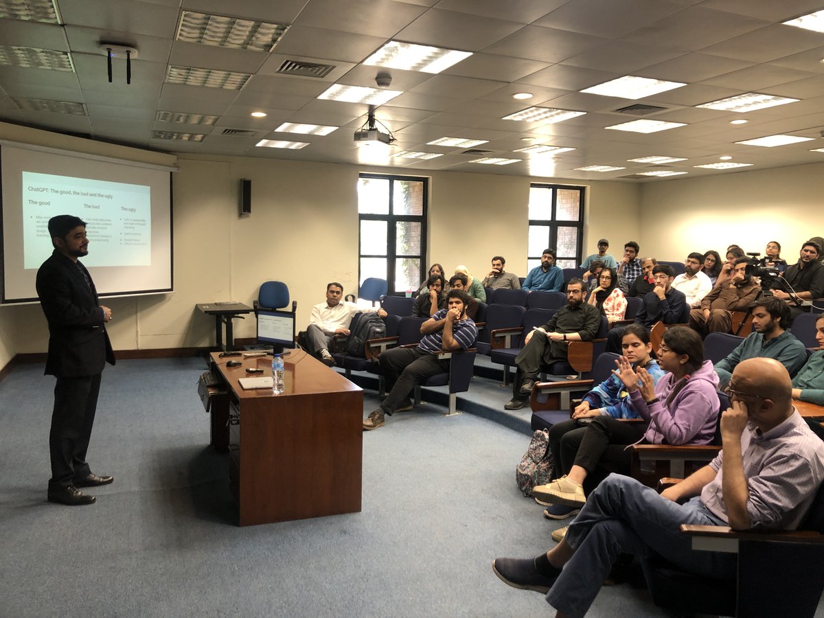 lli_lums's tweet photo. Enlightening talk by Dr. Agha Ali Raza from @sbasselums about #ChatGPT, the incredible language model trained by #OpenAI! It was fascinating to learn about its capabilities - the vices and the virtues - and how it's transforming education with artificial intelligence. https://t.co/90hgxo23aK