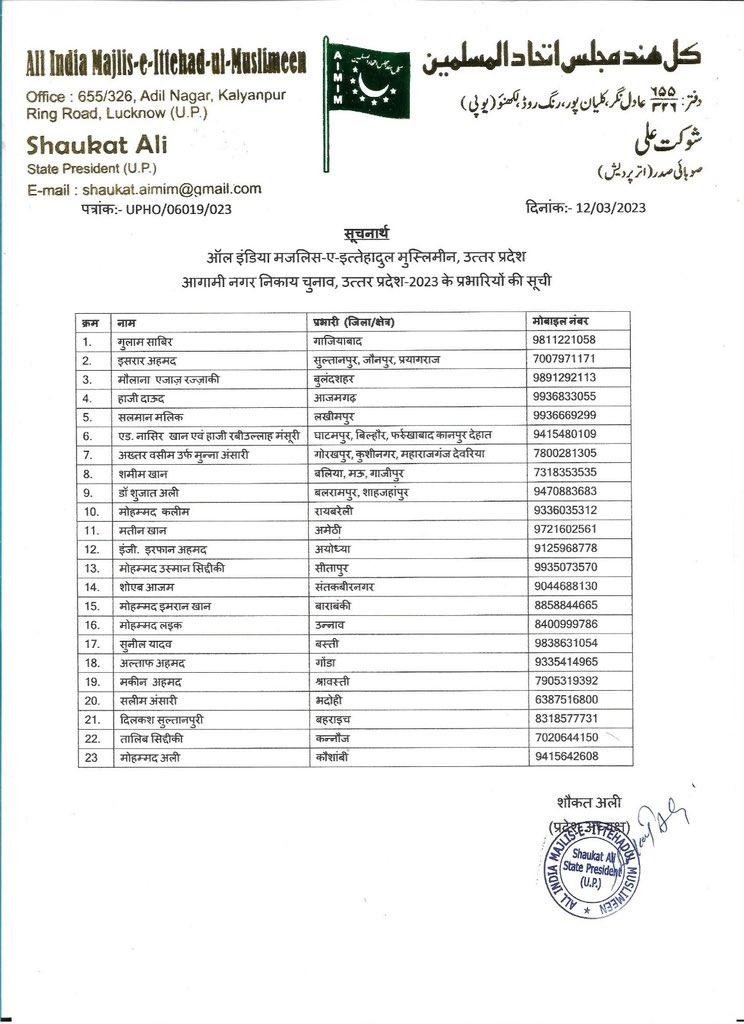aimimupofficial's tweet photo. AIMIM उत्तर प्रदेश आगामी निकाय चुनाव उत्तर प्रदेश 2023 के प्रभारियों की सूची।
#AIMIMUttarPradesh https://t.co/otcpFPUrWR