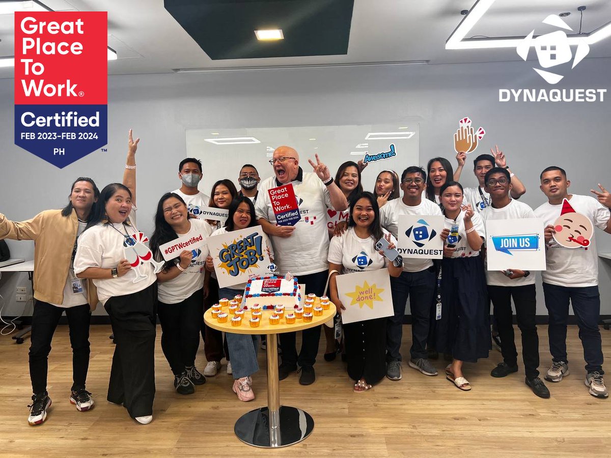DynaquestPH's tweet photo. Have you heard? DynaQuest is a Certified Great Place to Work™ organization. 🎉🥳🎉

Thank you to everyone for keeping a positive, lively and progressive workplace. 

#DynaQuest #GreatPlaceToWork #GreatPlaceToWorkCertified #GreatPlaceToWork2023 https://t.co/mTaAd7c0Q4