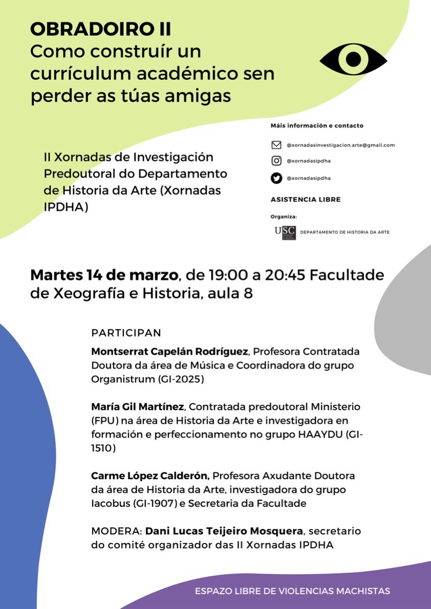 gruporganistrum's tweet photo. Mañá as 19h nas “II Xornadas IPDHA” participará Montserrat Capelán co obradoiro “Como construir un currículum académico sen perder as túas amigas”
.
#grupoorganistrum #ipdha #usc @xornadasipdha @UniversidadeUSC @facultadeXH @CulturaXunta @Xunta https://t.co/Jthd8MqMmi