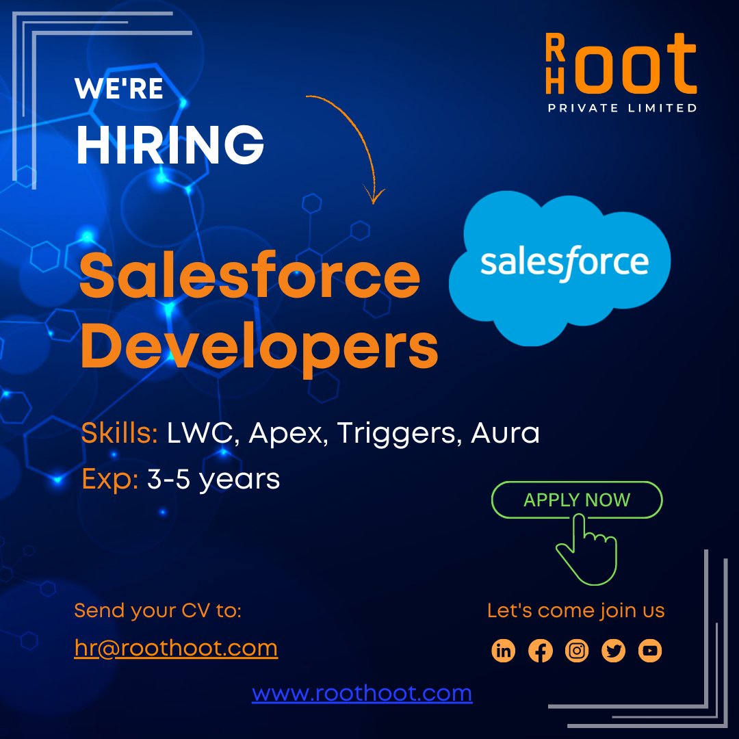 roothootco's tweet photo. Roothoot is hiring #Salesforce Developers to join our team. If you're a skilled professional with experience in #LWC, #Apex, #Triggers, #Aura, and other related technologies, we encourage you to apply.
#SalesforceDeveloper #SalesforceJobs #HiringNow #SalesforceCareers #Roothoot https://t.co/NdHDUUgJEm