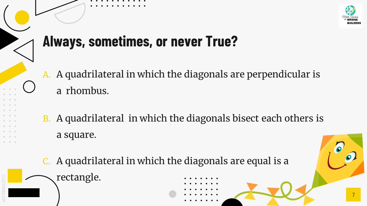 HenaineSamia's tweet photo. Can a quadrilateral w/ 🟰 diagonals not be a⏹️or a rectangle? or w/ perpendicular diagonals but not a ♦️? Let's convince each other! 
Visit our website for more questions related to the #inquiry strategy #Convince_me 
https://t.co/ReuGpQ6S8X 
#math #geometry #highorderthinking https://t.co/U9pQwiMNl0