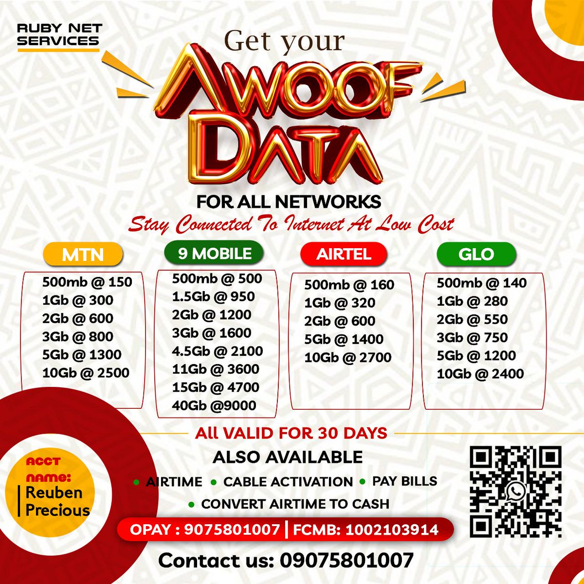 Rubyjazz23's tweet image. Holla , looking for where to get data at cheap prices
Also pay for your cable activation for low cost?
Then Ruby Net Services is the right place for you 
Chat us on 09075801007 or wa.link/jzxwbn now!!

#murder #LabourParty #CBNGOVERNOR
