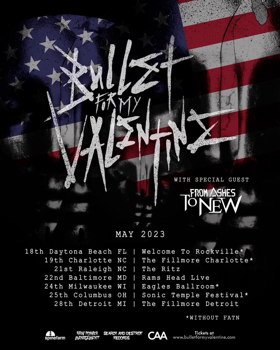 FromAshestoNew's tweet photo. 🚨Just Added🚨

We will be playing with Bullet for My Valentine for a few select shows in May! Presale begins tomorrow 3/14, General Admission On Sale Friday 3/17! 

5/21 - Raleigh, NC 
5/22 - Baltimore, MD
5/28 - Detroit, MI https://t.co/FEYolDa6qe