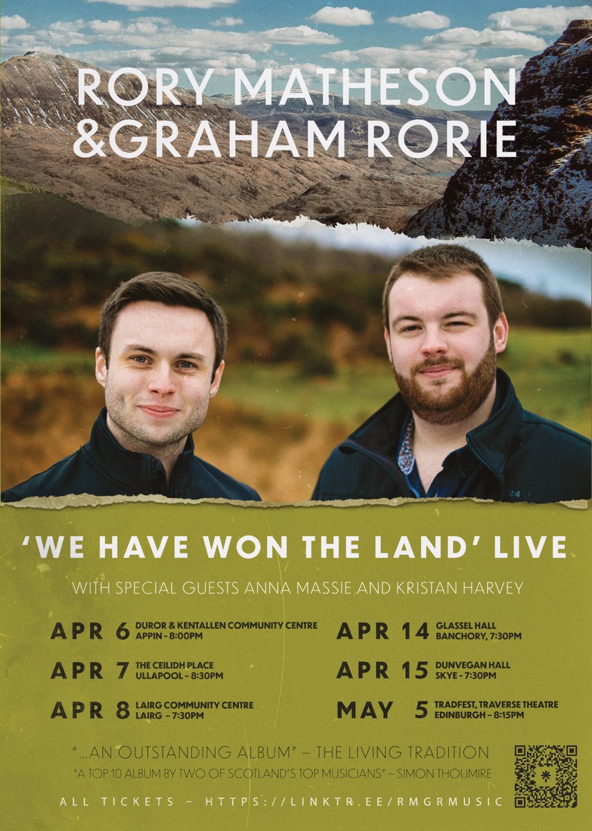 @RoryMatheson88 & I are taking our 2022 album “We Have Won The Land” on tour this April. We’ll be joined by the formidable musical skills of @abmassie & @KristanHarvey89. The four of us will be taking in the sights of Duror, Ullpool, Lairg, Glassel and Skye. Ticket info below 🎻