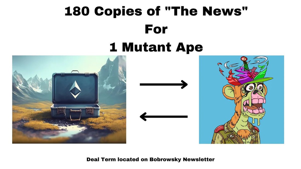 atareh's tweet image. Last week, @JoshBobrowsky made an offer.

Send him 180 "The News" NFTs (an OE he minted days prior) for a Mutant. The offer would remain open for 7 days.

The race was to collect 180 NFT was on.

Here's the story of how 30 of us did it in less than 2 hours.