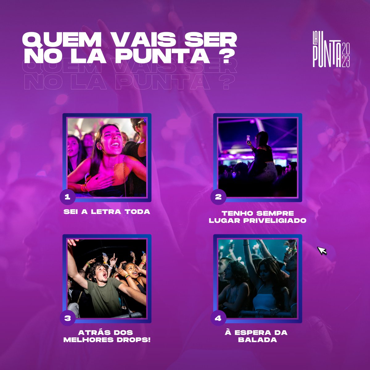 lapuntafun's tweet photo. Quem vais ser no LaPunta ? 😎 E qual dos teus amigos vês claramente nas outras hipóteses ? No LaPunta podes ser o que quiseres! ⚡️
👉 https://t.co/j4bLHAy3PY 👈 #lapunta2023 #puntaloucura #lapuntaiscallingyou #puntaumbria https://t.co/atFRFiAb0z