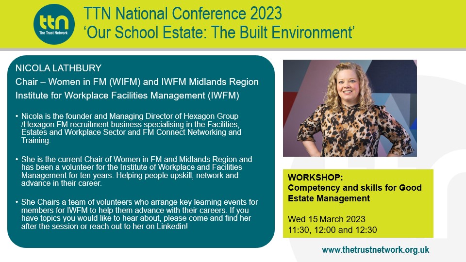2 days to go until our sold out #TTN23 conference. We are pleased to be joined by 
<a href="/NikkiLathburyFM/">Nicola Lathbury</a> from Hexagon Group will be delivering a workshop on Competency and skills for Good Estate Management #management #recruitment #careerpathways