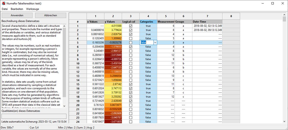 The upcoming release of #NumeRe v1.1.5rc will feature additional column #types (logical and categories) as well as an updated #table editor with #automatic #colour #formatting, dedicated #cell #editors and more! Stay tuned for further updates and the #release in a few days.