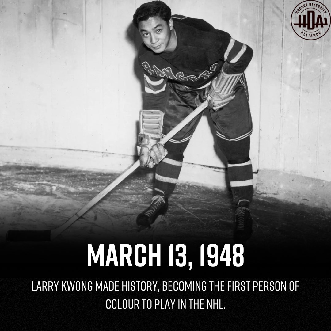 TheOfficialHDA's tweet photo. 75 years ago today, Larry Kwong broke the NHL color barrier, becoming the first person of Asian descent to play in the NHL with the Rangers. 

Despite only suiting up for one NHL game, Larry Kwong's determination and perseverance paved the way for those behind him. https://t.co/cre8DaJZNU