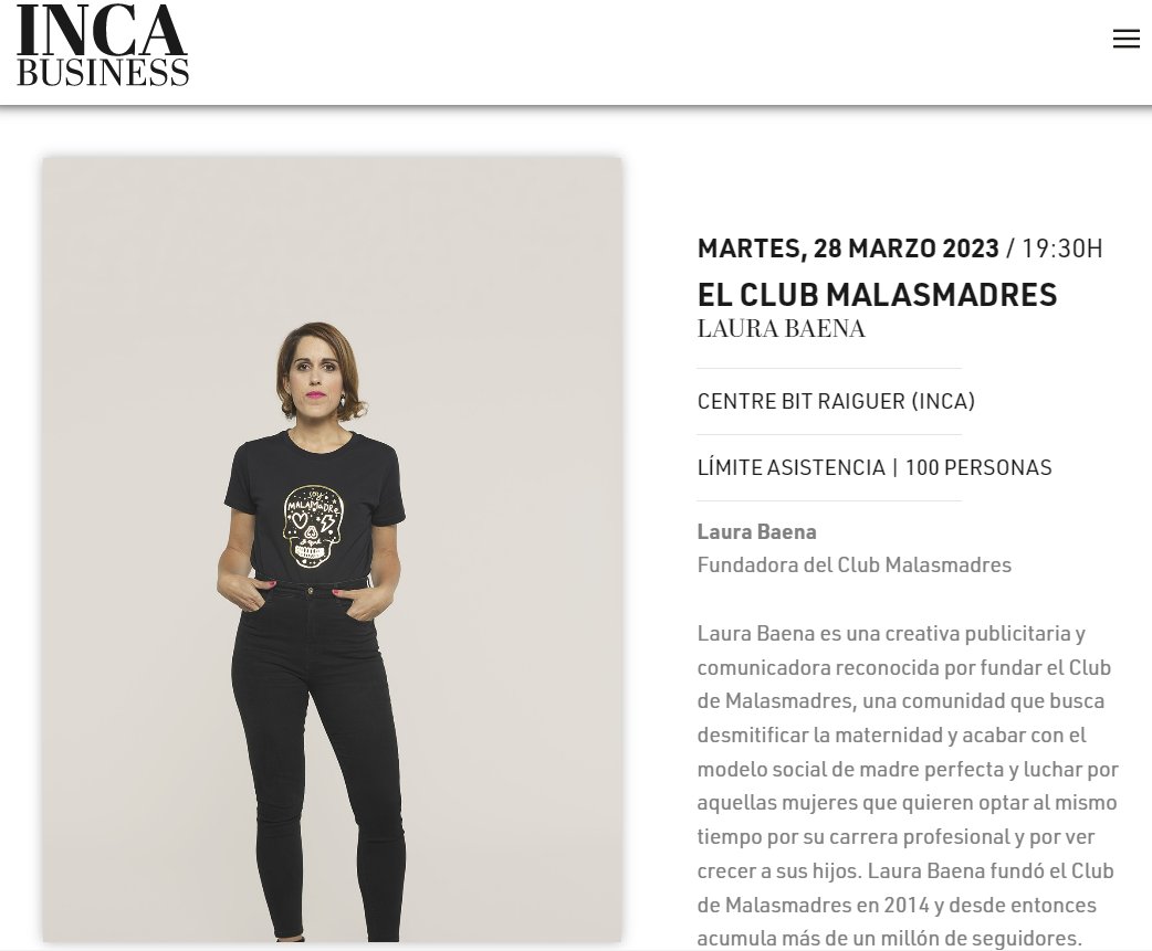 Emprendimiento, marketing y mucho más, de la mano de <a href="/LauraBaenaFdez/">Laura Baena Fernandez</a> y el Club de <a href="/malasmadres/">malasmadres</a> en el Ciclo #IncaBusiness de <a href="/incaciutat/">Ajuntament d’Inca</a> 
.
Apúntate en incabusiness.org/es/ponente/lau… 

#emprendimiento #clubmalasmadres #marketing #comunicacion #conciliacion #negocios #inca #mallorca