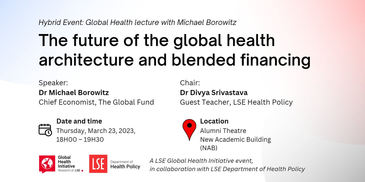 📌Upcoming Talk The future of the global health architecture & blended financing 📅Thurs 23/3, 6:00pm-7:30pm 🗣️ Michael Borowitz, Chief Economist, @GlobalFund 📍Venue: Online & In-person Registrations open ➡️ bit.ly/3Lnn61Q ⬅️ *Hosted by Global Health Initiative