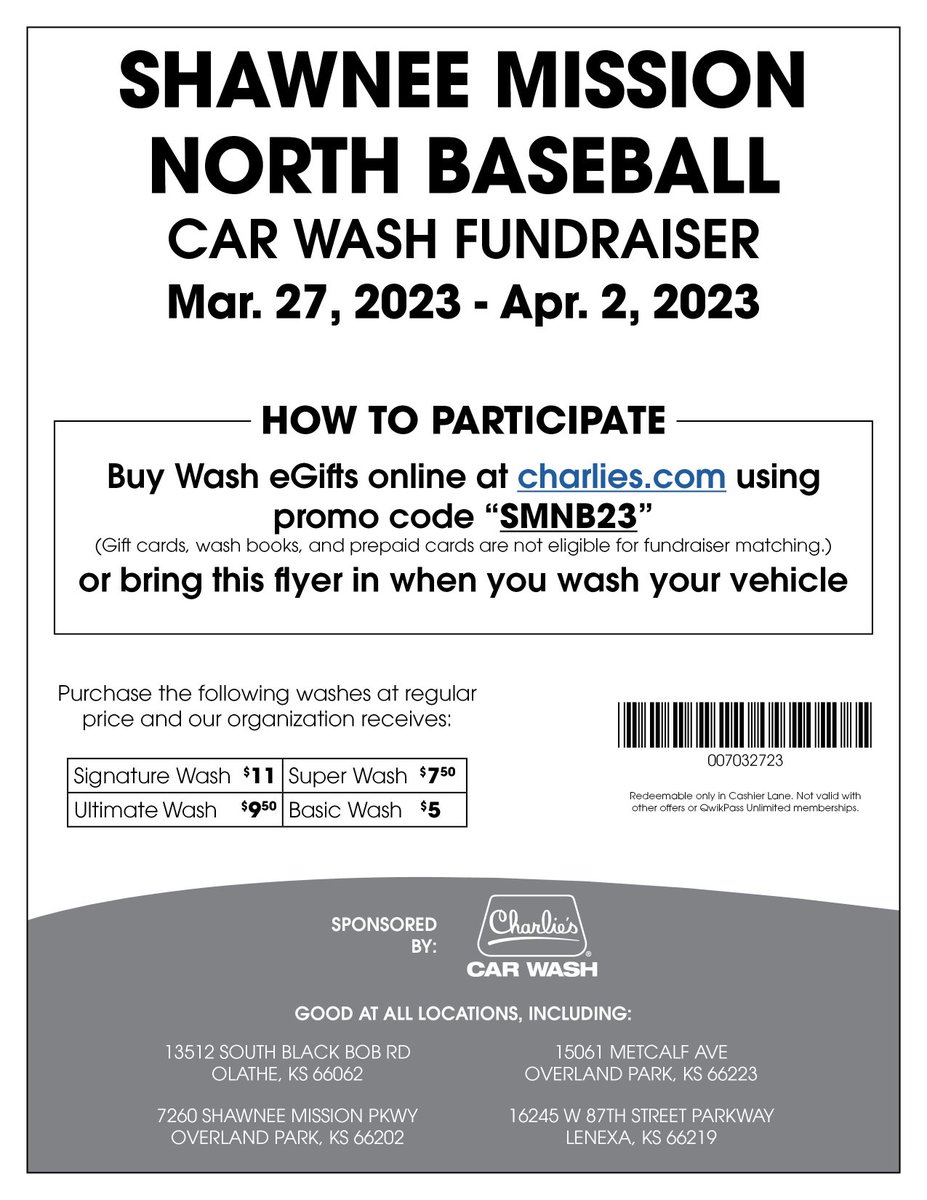 Please support our team by presenting this barcode at any of the Charlie's car washes listed on the flyer between 3/27and 4/2