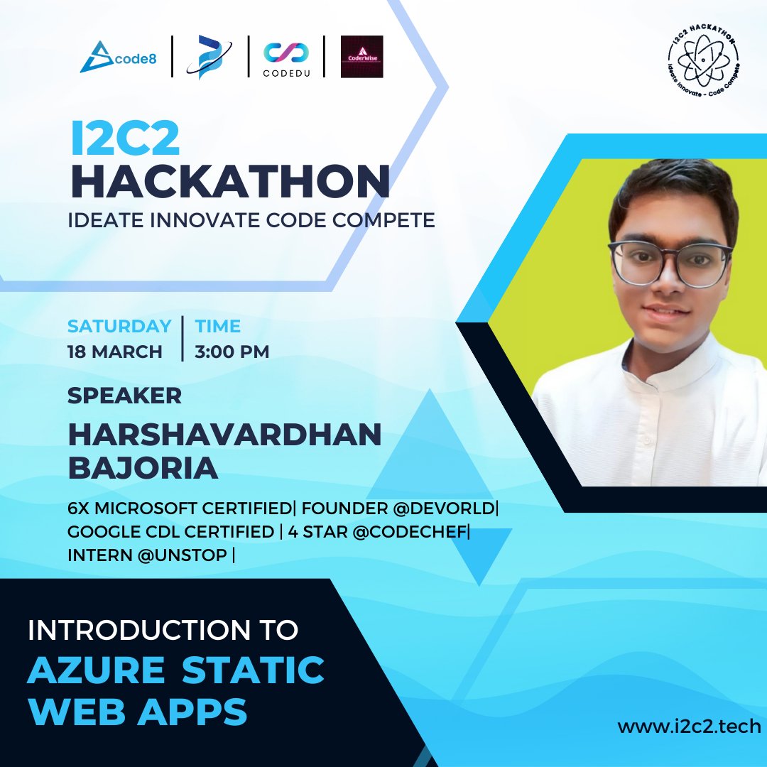 i2c2hackathon's tweet image. Excited to announce our speaker Harshavardhan Bajoria for i2c2 hackathon! Get ready to be inspired by their expertise in Web Apps. Join us on 18 March to hear from this incredible industry leader.

#TechSession #TechTalks #TechConference #TechCommunity