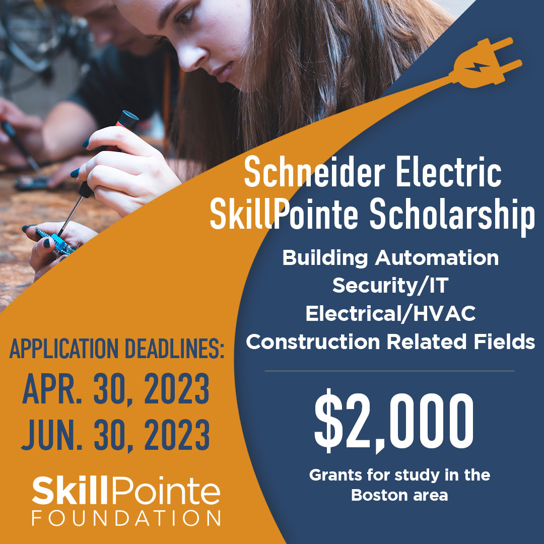 skillpointe's tweet image. Know folks in the greater Boston area who&apos;d like to win this $2000 scholarship? We love funding bright futures! Apply &amp;gt; bit.ly/3LrXwbU

@SkillpointeF  @SchneiderElec 
 #BostonJobs #BostonTech