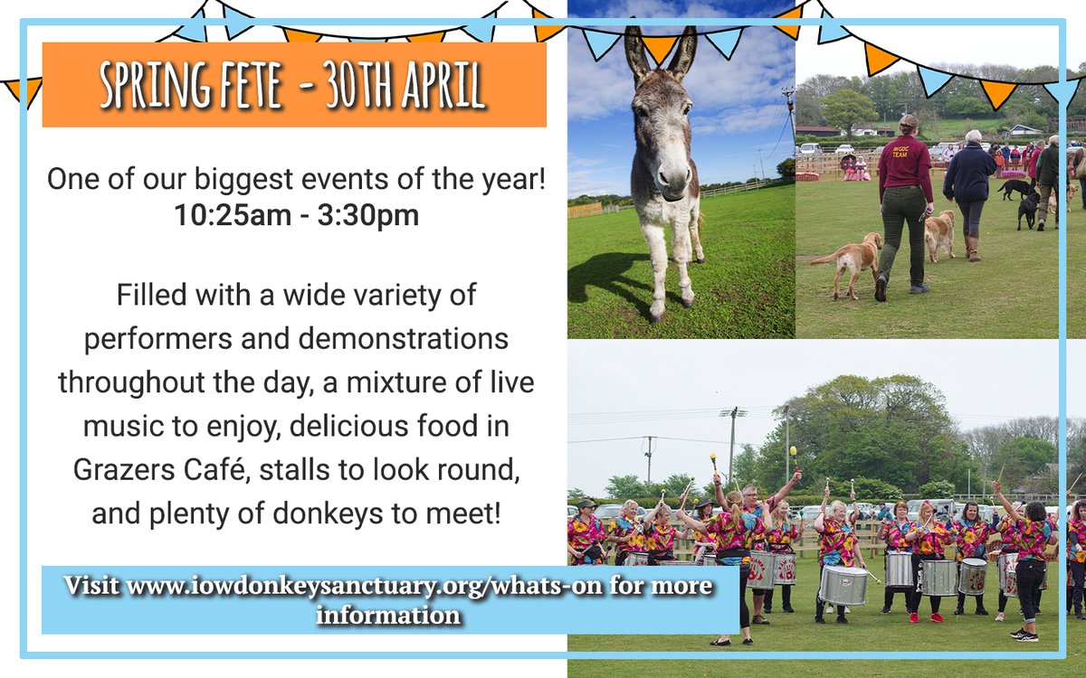 Come along to our Spring Fete on the 30th April!
Visit our website for more details iowdonkeysanctuary.org/whats-on
#Isleofwight #FreeEvent #ThingsToDo
