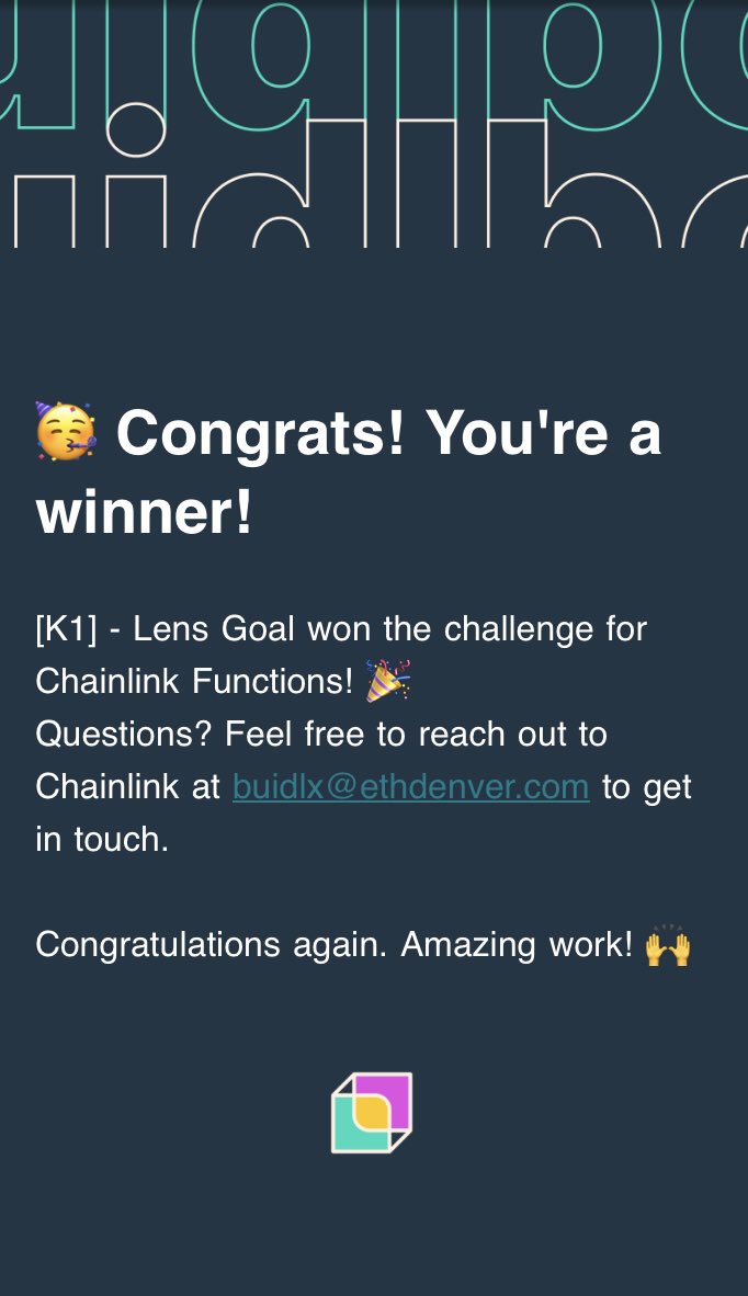 leowolanski's tweet image. Just discovered that my EthDenver project, @lensgoal, also won the #ChainlinkFunctions bounty!🏅
Thank you so much @Chainlink,
@ZubinPratap, @solangegueiros and the rest of the Chainlink team.
First hackathon, two prizes. This is amazing!