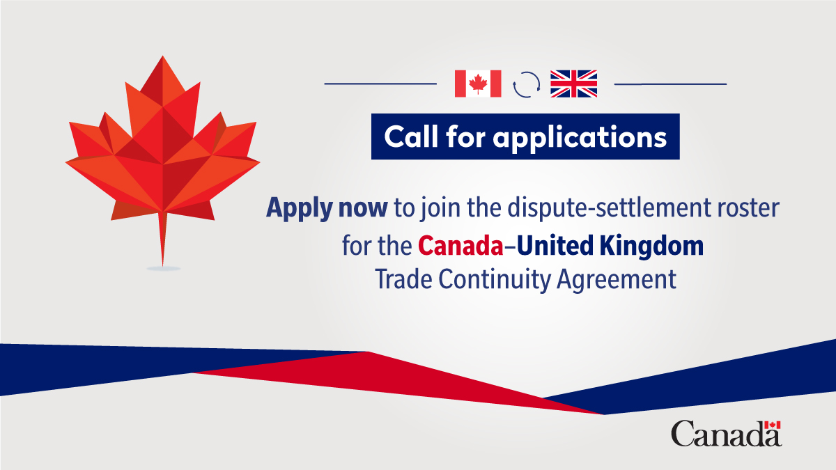 Are you a #legal professional with experience in #InternationalTradeLaw?  
Join the dispute settlement roster for the Canada-United Kingdom Trade Continuity Agreement to apply your expertise and gain new experience. 
Apply today: international.gc.ca/global-affairs…  

#GCJobs #LegalJob