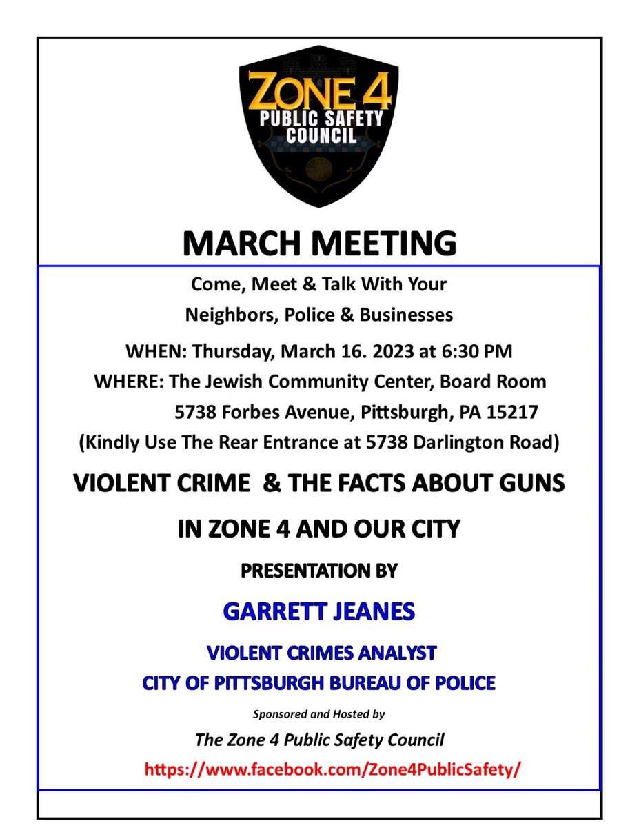 PGH District 8 (@pghdistrict8) on Twitter photo Neighbors, the Zone 4 Public Safety Council will meet this Thursday, the 16th. The meeting begins at 6:30 pm and will be held the <a href="/JCCpittsburgh/">JCC Pittsburgh</a>! Neighbors, the Zone 4 Public Safety Council will meet this Thursday, the 16th. The meeting begins at 6:30 pm and will be held the <a href="/JCCpittsburgh/">JCC Pittsburgh</a>!