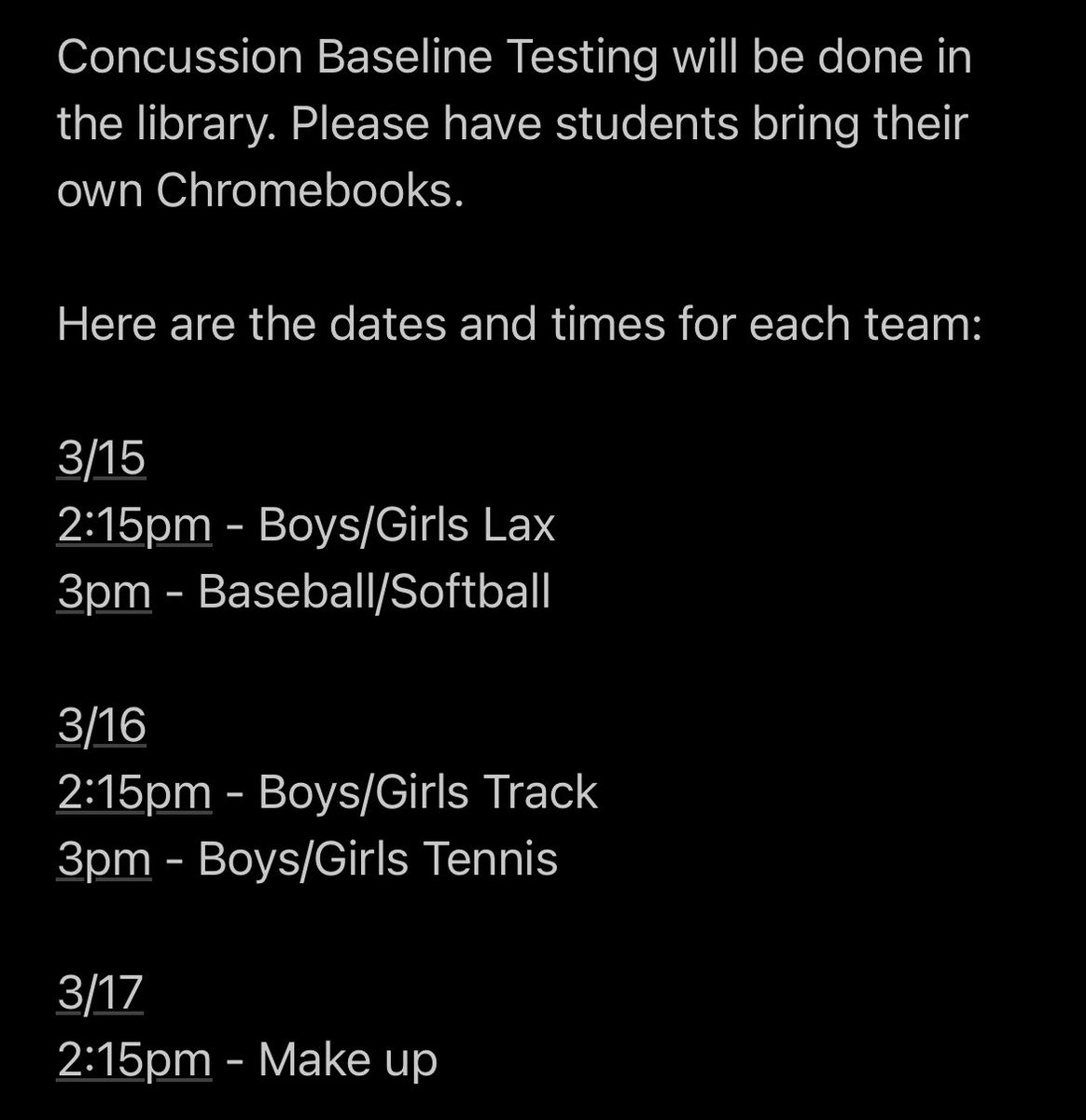 EBHS_AT's tweet image. Spring sports start next week. Please have the 3 following requirements done by Monday!

1) Sign up on FamilyID.
2) Have an up to date physical (valid for 13mos)
3) Have an up to date conc. test (valid for 2 years). 

Here’s the conc. baseline testing info! 
#getout