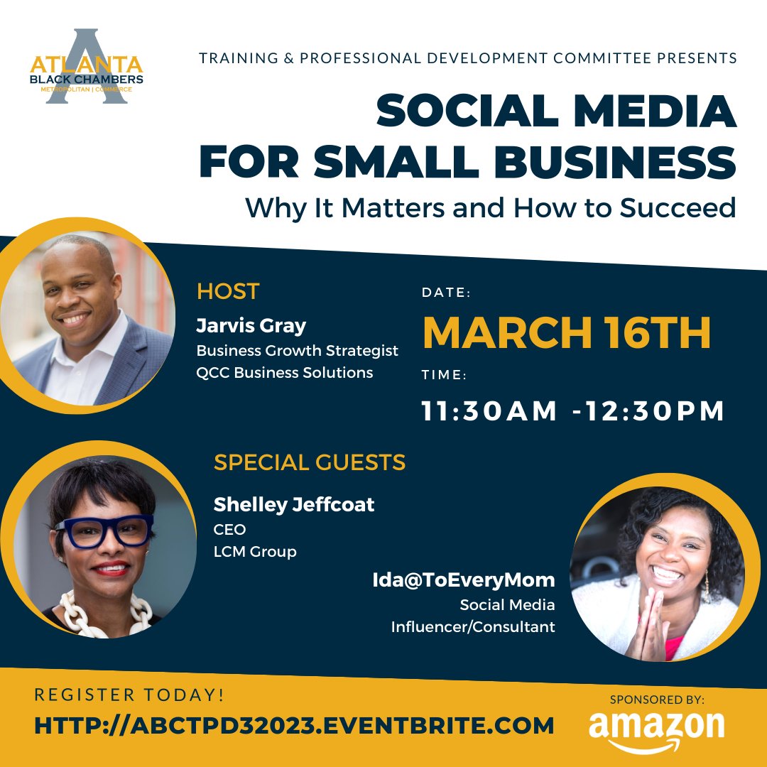 ATLblackchamber's tweet photo. Social Media For Small Business! Why It Matters &amp; How To Succeed!

Please Join ABC's TPD Committee on February 16th for our first virtual empowerment session of the New Year. https://t.co/ASxRg72Veg