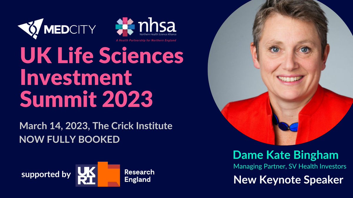 MedCity and <a href="/The_NHSA/">NHSA</a> are delighted to welcome Dame Kate Bingham <a href="/katebingham2/">kate bingham</a> to our UK Life Sciences Investment Summit tomorrow. Kate joins fellow keynote speakers Alex McLaughlin of <a href="/UK_Life_Science/">Office for Life Sciences</a> and Barbara Domayne-Hayman of <a href="/TheCrick/">The Francis Crick Institute</a> and <a href="/KqLabs/">KQ Labs</a>