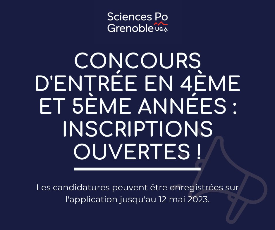 [OUVERTURE CONCOURS D’ENTRÉE 4EME ET 5EME ANNÉES 📄]
Vous avez jusqu'au vendredi 12 mai pour renseigner votre inscription au concours d'entrée en 4ème ou 5ème année ⌛
Plus d'infos 👉 : sciencespo-grenoble.fr/formations/ent…

#orientation #candidature #concours
