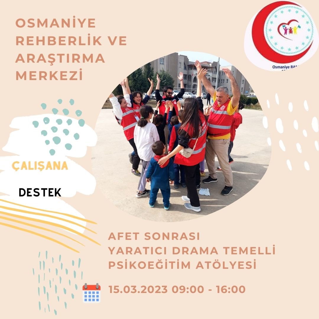 Afet sonrası öğretmenlerimize destek olmak amacıyla psikoeğitim atölye çalışması yapılacaktır.
🗓️15.03.2023
⏰09:00-16:00
<a href="/prof_mahmutozer/">Mahmut Özer</a> 
<a href="/DrErdincYILMAZ1/">Dr. Erdinç YILMAZ🇹🇷</a> 
<a href="/MebOrgm/">Özel Eğitim ve Rehberlik Hiz. Genel Müdürlüğü</a> 
<a href="/osmaniyeilmem/">Osmaniye İl Millî Eğitim Müdürlüğü</a> 
@Cemal_Ozdemir67 
<a href="/mramazanbarin/">Ramazan Barın</a> 
<a href="/ALBAKAydn/">Aydın ALBAK</a> 
<a href="/MullaKATIK/">Mulla KATIK</a>
