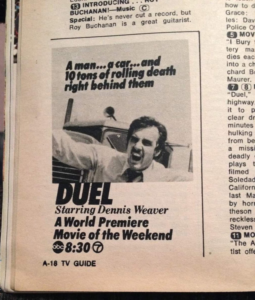 BWdp62's tweet image. NYC TV Guide ad for the WABC-TV Channel 7 premiere of the made-for-tv movie classic "Duel" on 11/13/71.

#horror #horrormovie #madefortvhorror #tvguide