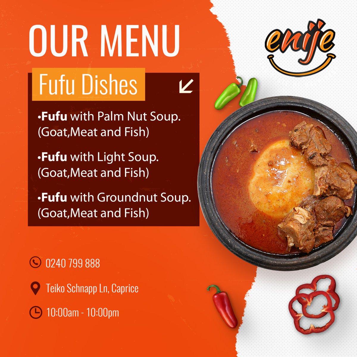 enijerestaurant's tweet photo. Experience the authentic taste of Ghana with Enije Restaurant's mouthwatering Fufu dishes. 

Walk in or oder for your favourite fufu dish paired with spicy and tasty soups.

Call: 0240799888

#enije
#therealtasteofhappiness 
#theenijeexperience https://t.co/MRhAtRxxpP