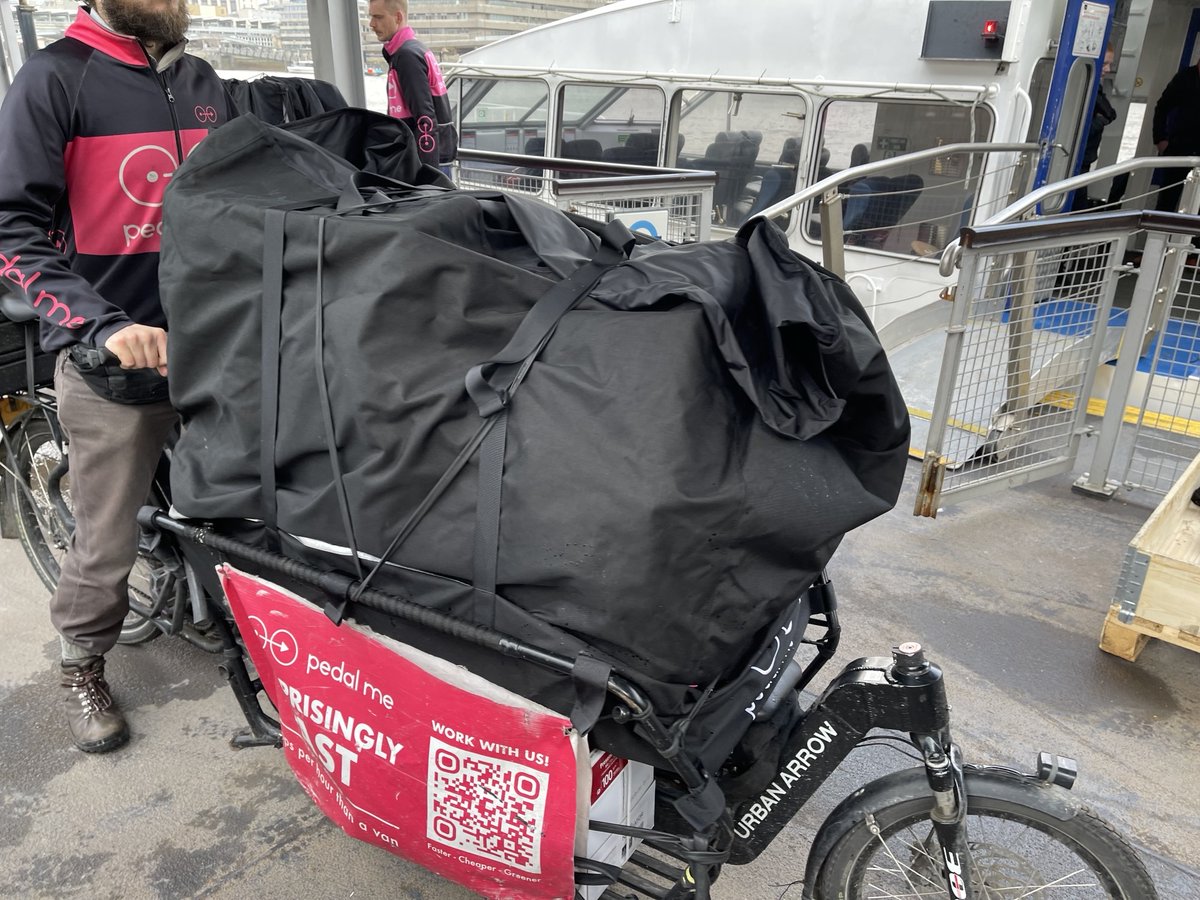 LogisticsUKNews's tweet photo. We were delighted to attend the London Light Freight River Trial launch this morning on the Thames at Bankside Pier. Hosted by the @CrossRiverPship, which forms part of the Defra-funded Clean Air Logistics for London project.

It is London's first daily, multi-supplier river freight trial on the Thames, using the @thamesclippers  Logistics vessel, and also includes return deliveries, whereby the freight is then moved onto cargo bikes for the last mile delivery.

@DHLParcelUK operate a similar type of delivery service from the same pier.

Big thanks to the Cross River Partnership for the demonstration, it shows how light freight can use the river and we encourage more of this in the future.