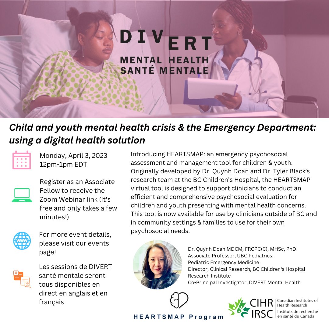 Learn about the development, implementation, and evaluation of the virtual psychosocial assessment and management tool for children and youth, HEARTSMAP, with DIVERT Co-PI Dr. Quynh Doan! Join us April 3, 12-1 PM EDT! More information here: bit.ly/3ZEcikb