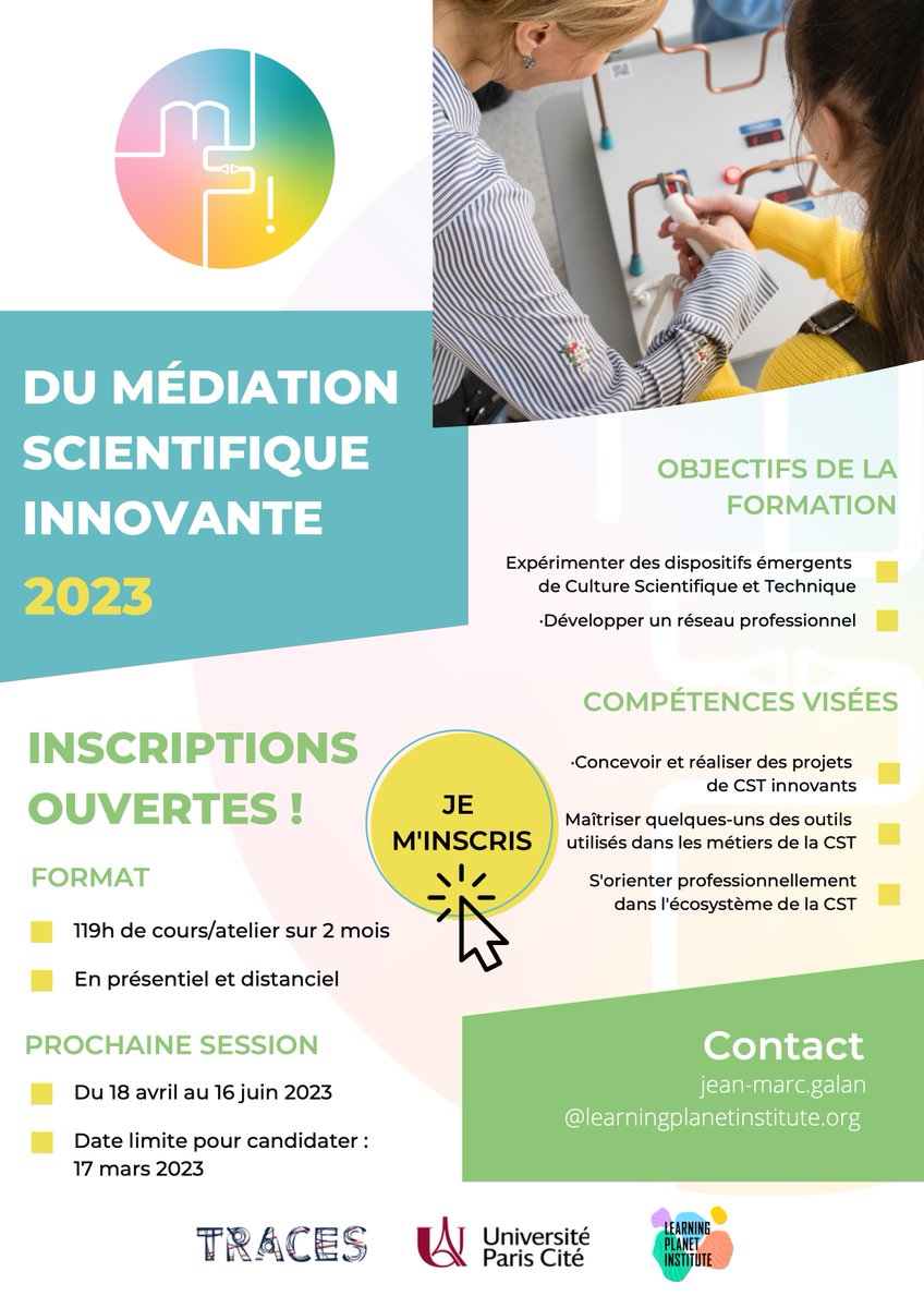 Jean-Marc Galan (@jeanmarcgalan) on Twitter photo Plus que quelques jours pour candidater au DU de Médiation Scientifique Innovante 2023. La promo de l'année s'annonce au top ! Plus d'info odf.u-paris.fr/fr/offre-de-fo…
<a href="/lpiparis_/">Learning Planet Institute</a> <a href="/AssoTraces/">Association Traces</a> <a href="/happymerz/">Matteo Merzagora</a> <a href="/franmusiani/">Francesca Musiani</a>
<a href="/MargauxCalon/">Margaux Calon</a> <a href="/du_msi/">DU MSI</a> Plus que quelques jours pour candidater au DU de Médiation Scientifique Innovante 2023. La promo de l'année s'annonce au top ! Plus d'info odf.u-paris.fr/fr/offre-de-fo…
<a href="/lpiparis_/">Learning Planet Institute</a> <a href="/AssoTraces/">Association Traces</a> <a href="/happymerz/">Matteo Merzagora</a> <a href="/franmusiani/">Francesca Musiani</a>
<a href="/MargauxCalon/">Margaux Calon</a> <a href="/du_msi/">DU MSI</a>