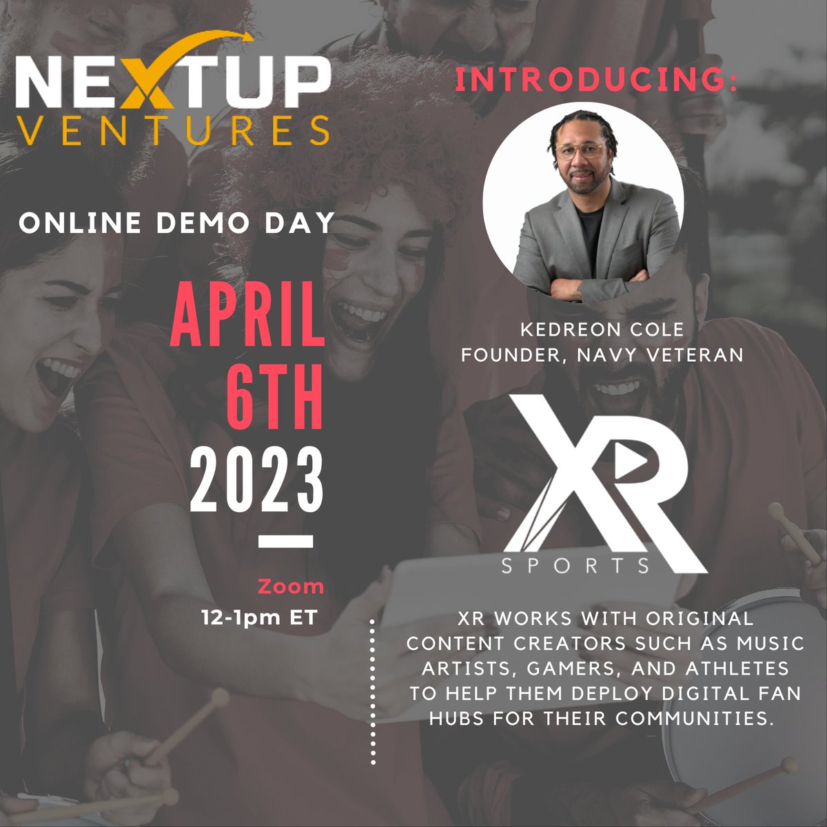 NextUpPartners's tweet photo. Navy veteran and founder of @xrsportsgg @KedreonCole  will be presenting at our April 6 Online #DemoDay!  XR works with original #contentcreators including music artists, gamers, and athletes to help them deploy digital fan hubs.  RSVP here https://t.co/inwnJhIUrm https://t.co/O7RgTNqZPu