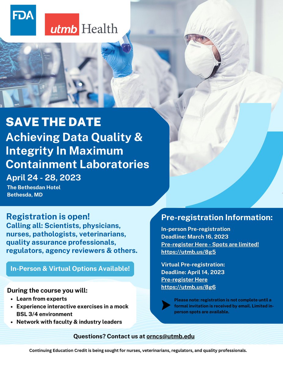 GLPinBSL4's tweet photo. In-person pre-registration extended until March 16th! Virtual option available. To pre-register for this amazing course sponsored by the UTMB and @FDA_MCMi visit: https://t.co/BTifMFrFgo
#UTMB #FDA #Dataquality #BSL3 #BSL4 https://t.co/u48p7fUBDM