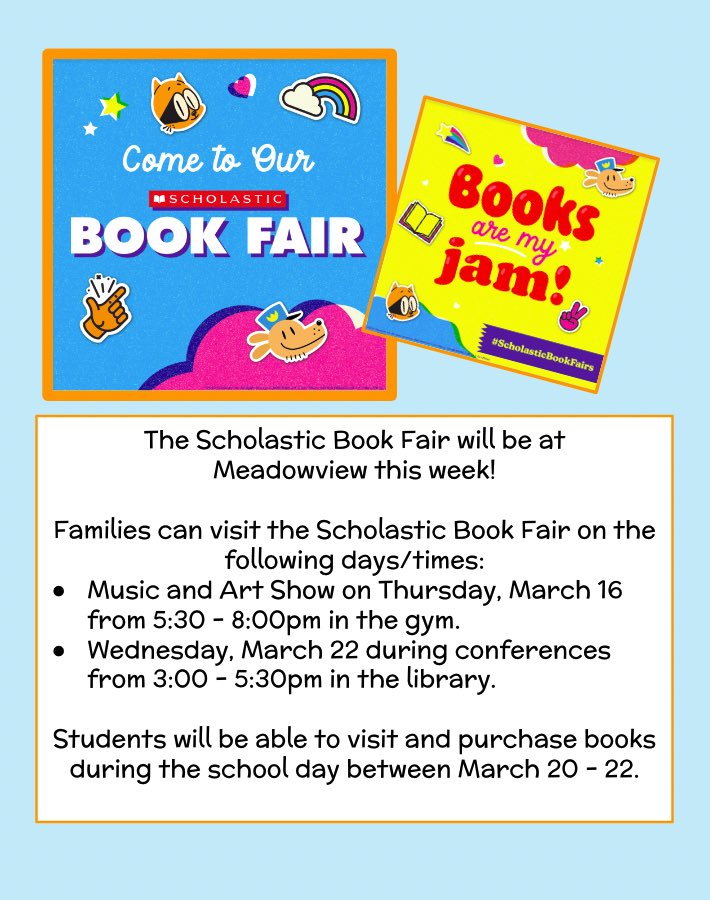 Discover_MV's tweet photo. The Scholastic Book Fair is coming to Meadowview this week!  💙📚💚 Check out the details below.  Want to volunteer to help with the fair?  Use this link to sign up! https://t.co/jejrBPSAme https://t.co/MUADkB4JNC