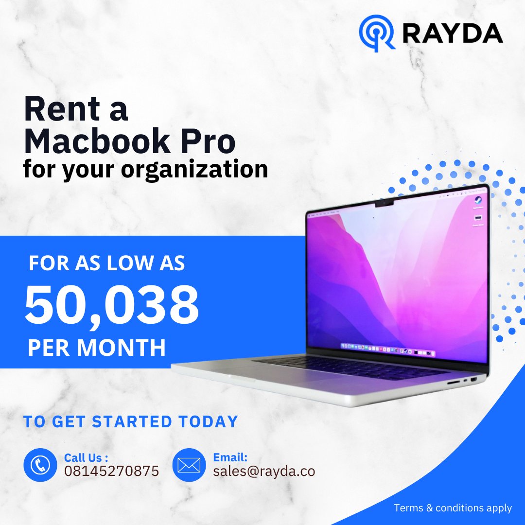 francisosifo's tweet image. Equip your team with the IT tools they need.
Contact us to get Macbooks delivered to your company.

Call 08145270875 or email sales@rayda.co to get started today.

#rayda #rentalaptop #buyalaptop #laptoprental #itassets #business