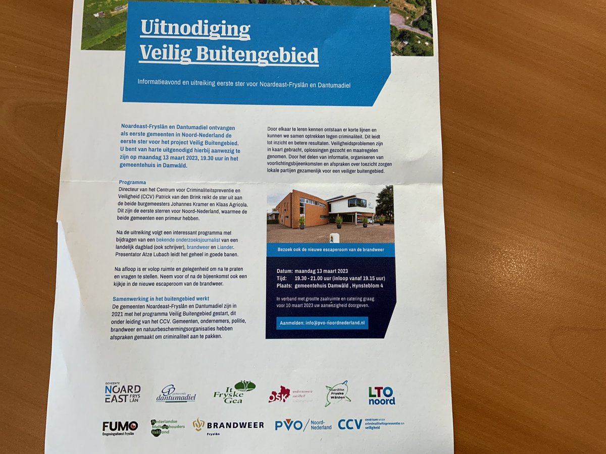 Vanavond organiseren de <a href="/dantumadiel/">Gemeente Dantumadiel</a> en de <a href="/noardeast/">Gemeente Noardeast-Fryslân</a> een informatie bijeenkomst in het gemeentehuis in Damwald die in het teken staat voor een “Veilig Buitengebied”