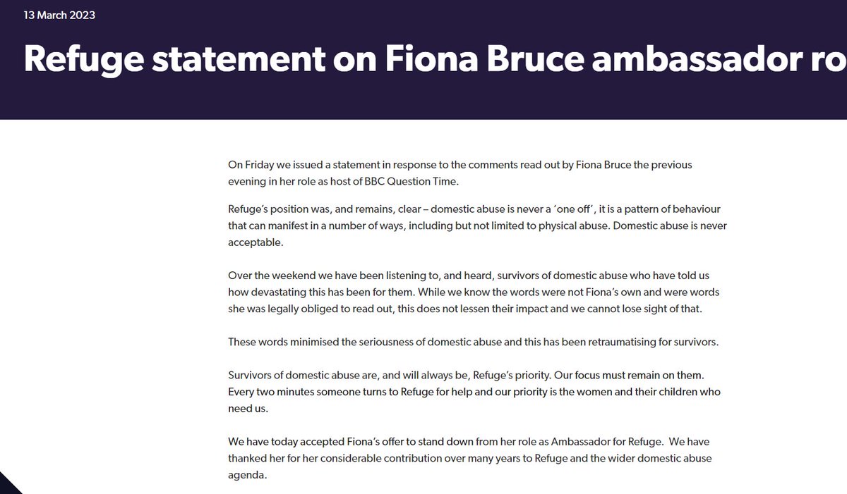 Fiona Bruce says it was 'a social media storm' that caused her to stand down as ambassador for the Charity Refuge. 

Untrue her defensive and dismissive comments on last week's Question Time show about wife beater Stanley Johnson's marital violence are the cause.
#Bruce #BBC