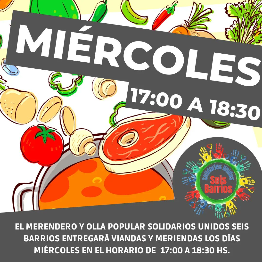 SeisBarrios's tweet photo. 🚨 Nuevo día y horario para entrega de viandas y meriendas

📍 Rafael 43 esq. Dunant
📆 Miércoles
⏰ 17:00 a 18:30

Agradecemos a nuestros colaboradores que siempre nos apoyan para que podamos seguir funcionando. 

Para donar desde $1 aquí 👉 https://t.co/I0nn2crh46 https://t.co/m0cu6aAQs6