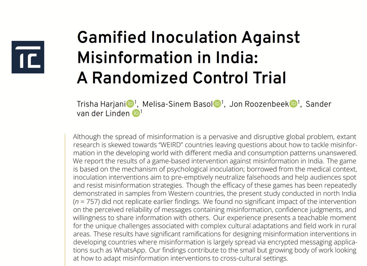 NEW PAPER: We ran a field study in rural #India to fight misinfo using a new #WhatsApp inoculation game. Result? TOTAL NULL RESULTS. So important to share unsuccessful trials. Key lessons for non-WEIRD research: now out in @jtrialerror led by the brilliant @trishaharjani👇