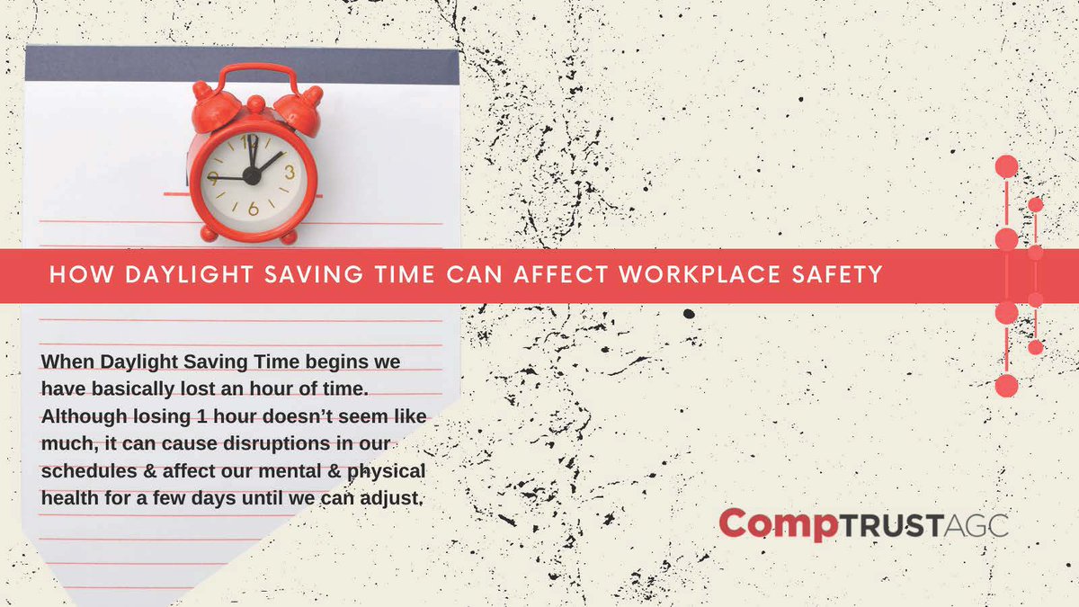 CompTrustAGC's tweet image. DST could negatively impact a person’s memory, performance &amp;amp; concentration skills. A study by the Journal of Applied Psychology found that the Monday after DST saw an increase in workplace injuries &amp;amp; traffic accidents after the time change.
#toolboxtalks #DSTsafety