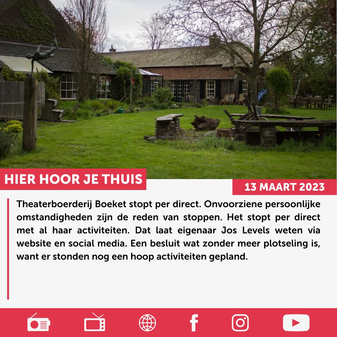 Theaterboerderij Boeket stopt per direct.

Lees het gehele via WeertFM.nl