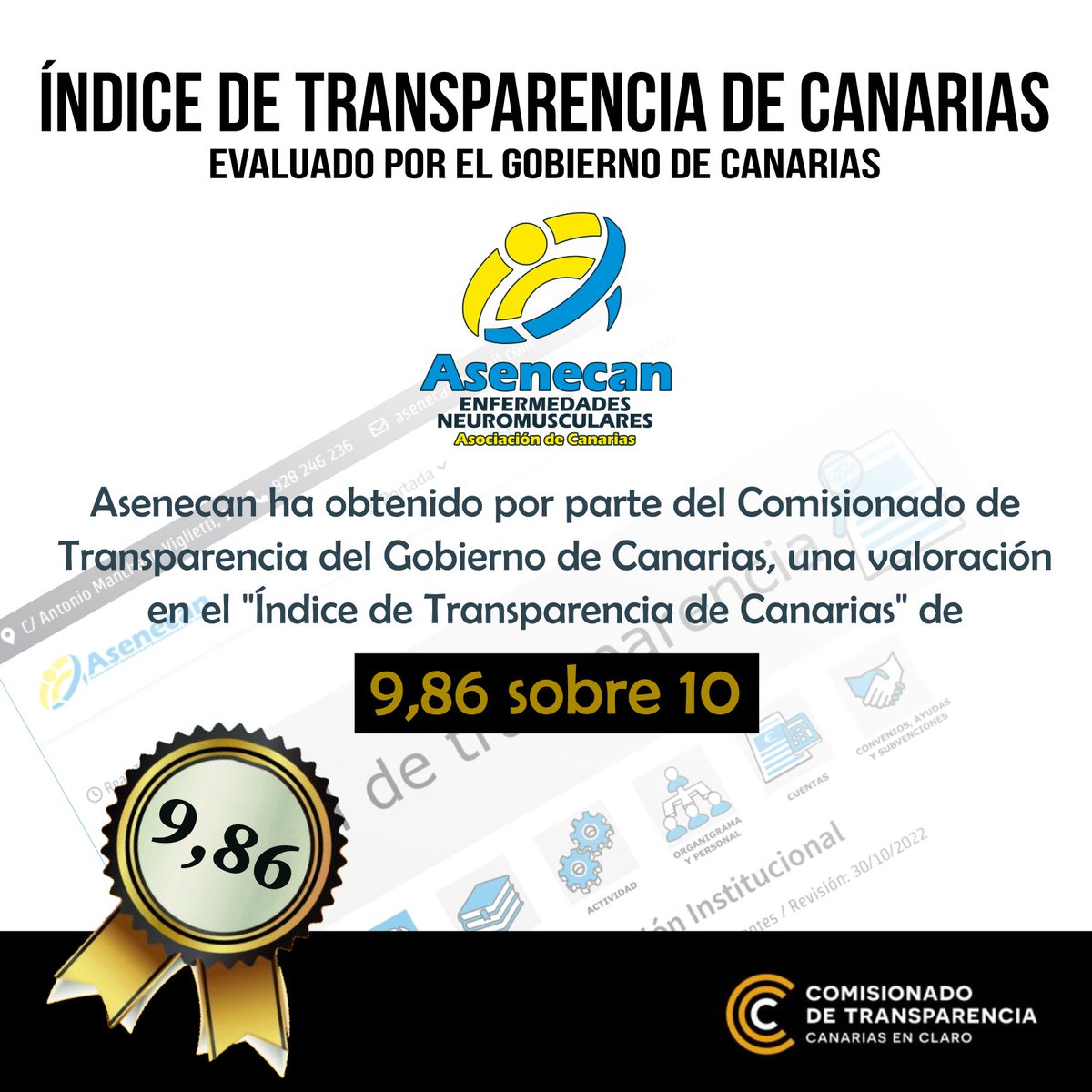 Asenecan ha obtenido en la última valoración del Índice de Transparencia de Canarias un nota de 9,86, reflejo del compromiso de la entidad con la transparencia.