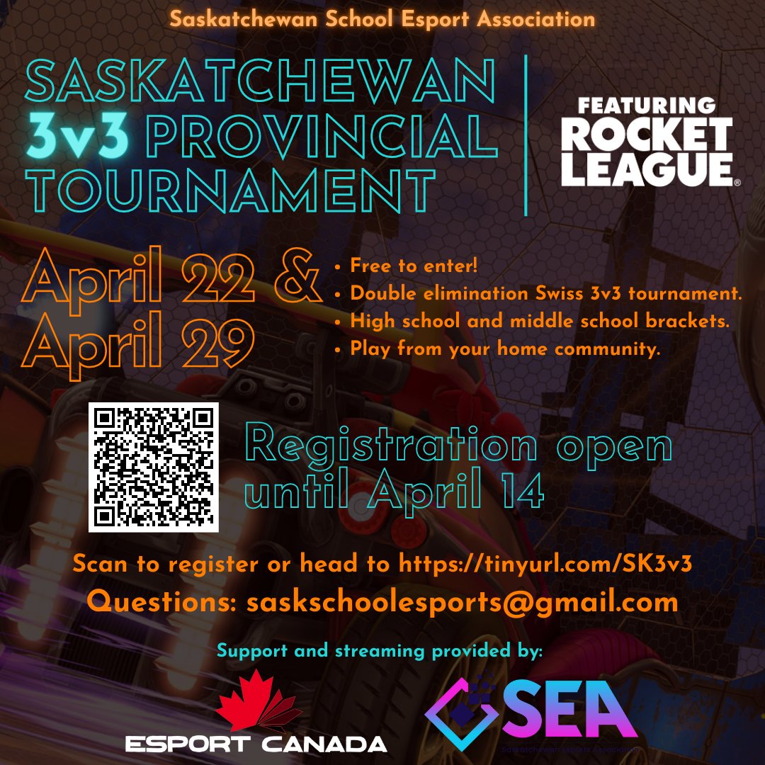 🎮 Attention Saskatchewan high schools & middle years! 🎮
Join the inaugural SK School Esports Rocket League 3v3 tournament on April 22 and 29! 🚀
Teachers register your team(s) now! 🏆 #SaskatchewanEsports #RocketLeague #HighSchool #MiddleYears #GamingTournament #SaskEdChat