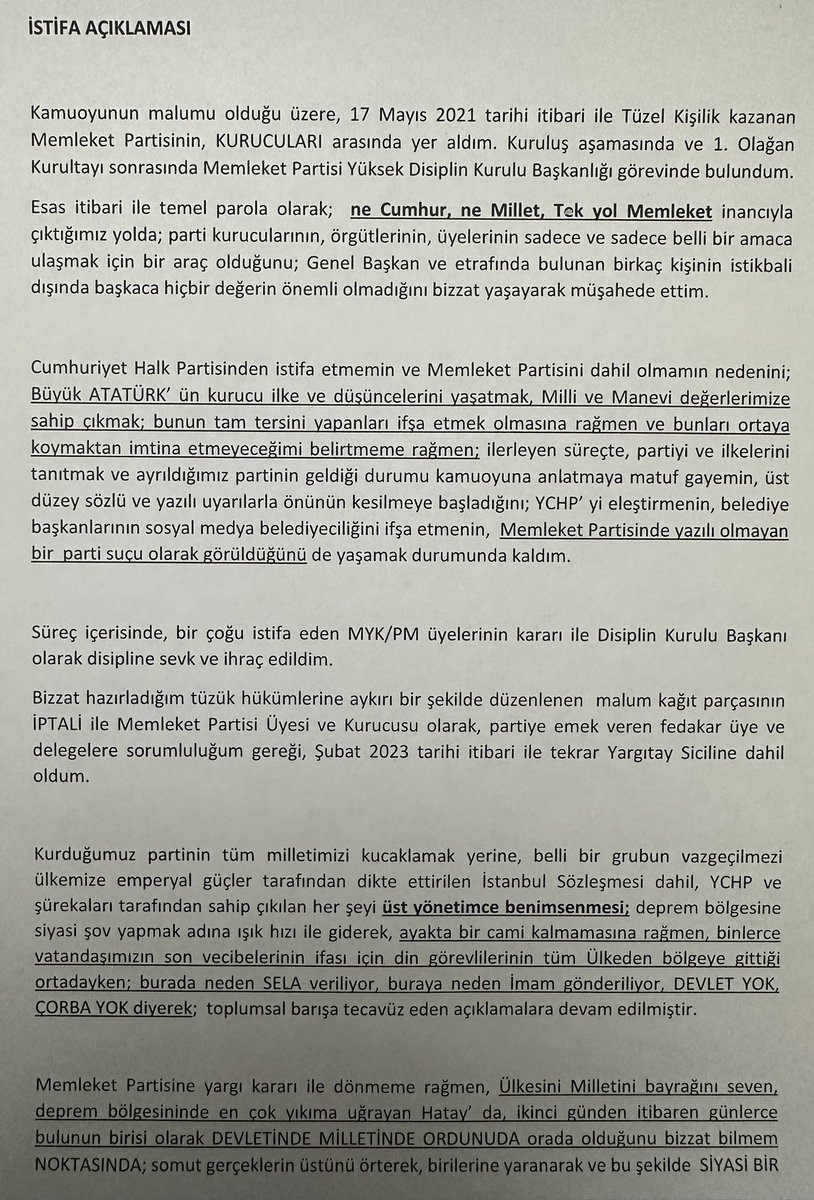 MKemalCicek06's tweet photo. Memleket Partisinden İSTİFA açıklamamdır.👎 https://t.co/Rc5n7SSmKS